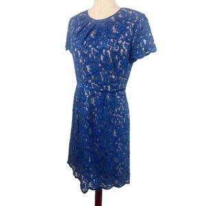 Adrianna Papell Lace Dress Cocktail‎ Party Wedding Nude Blue Overlay Size 8